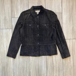 Apostrophe Genuine Leather Jacket Womens Size 16 Y2K Brown Button Front Lined